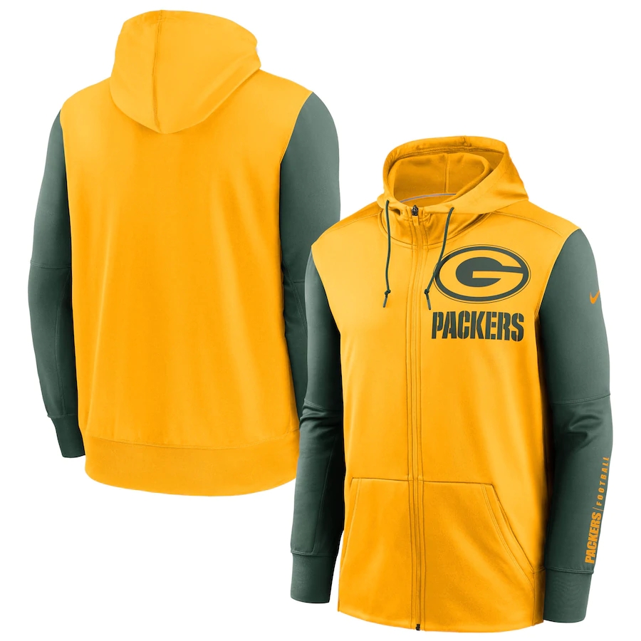 NFL Nike Green Bay Packers Gold Green Fan Gear Mascot Performance FullZip Hoodie